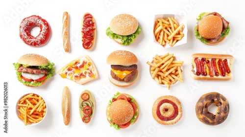 Visually appealing fast food selection, with each item from the collection vividly portrayed on a bright white surface