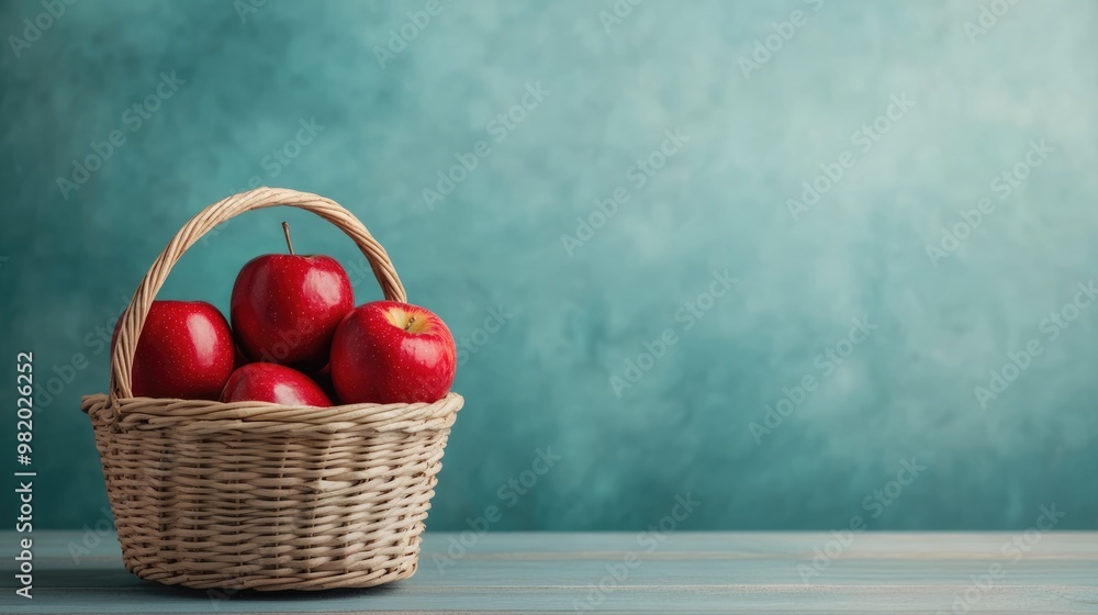 A basket of bright red apples rests on a wooden surface against a textured blue-green background, creating a fresh and inviting scene. A basket of bright red apples rests on a wooden surface against a textured blue-green background, creating a fresh and inviting scene.