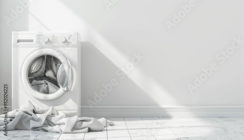 Sunlight shines through window onto white marble floor by washing machine with open door and gray laundry photo