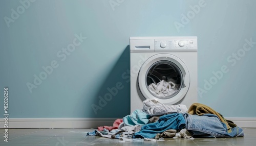 Laundry day mess with clothes spilling out of washing machine photo