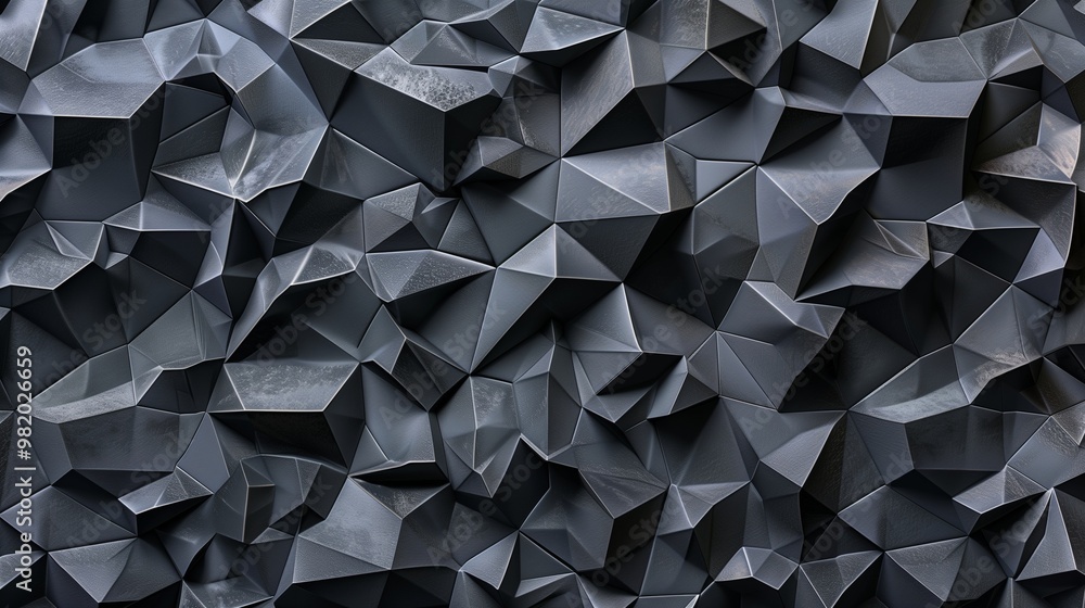Fototapeta premium Abstract Polygonal Geometric Texture with Metallic Surface, Dark Gray 3D Render Illustration
