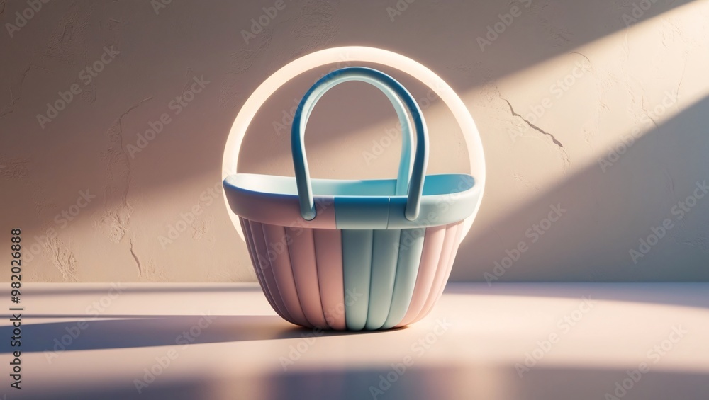 A modern 3D shopping basket icon, centered on a muted, textured background with gentle lighting A modern 3D shopping basket icon, centered on a muted, textured background with gentle lighting