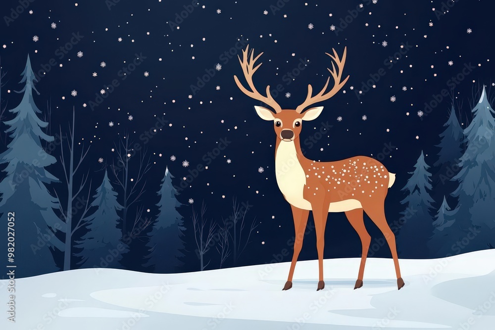 Reindeer in a winter forest, stars shining, flat design illustration Reindeer in a winter forest, stars shining, flat design illustration