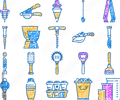 bartender accessory doodle icons set vector. sketch line art bar spoon and grater, juicer and ice breaker, cocktail shaker and jiggers bartender tools color illustrations