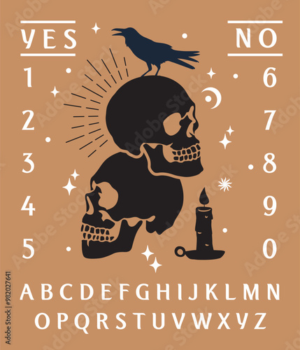 Ouija board, skull, candles, and crows with alphabet. Ghosts and demons calling the game on a gold background.