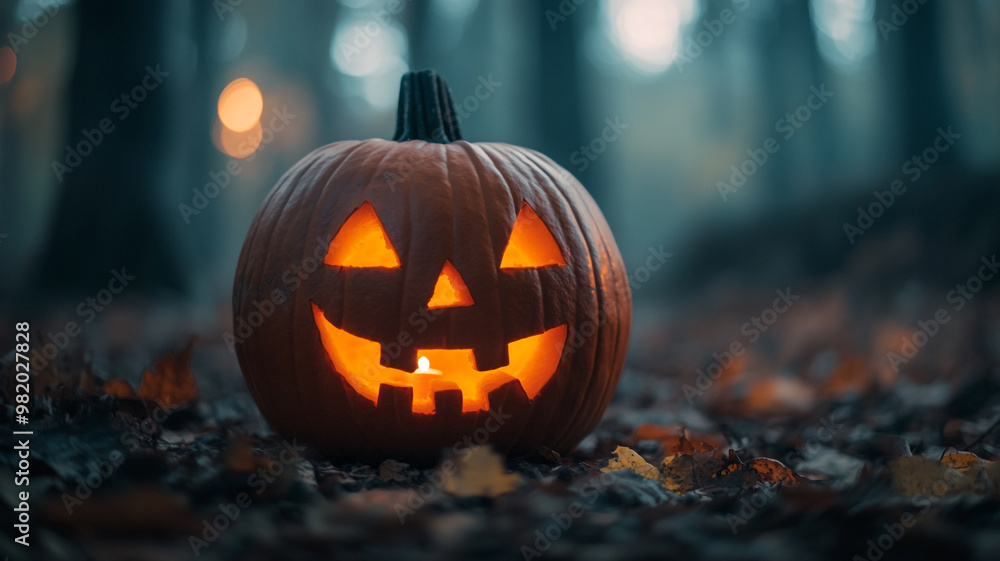 A glowing jack-o'-lantern on a forest floor surrounded by autumn leaves at Halloween night A glowing jack-o'-lantern on a forest floor surrounded by autumn leaves at Halloween night