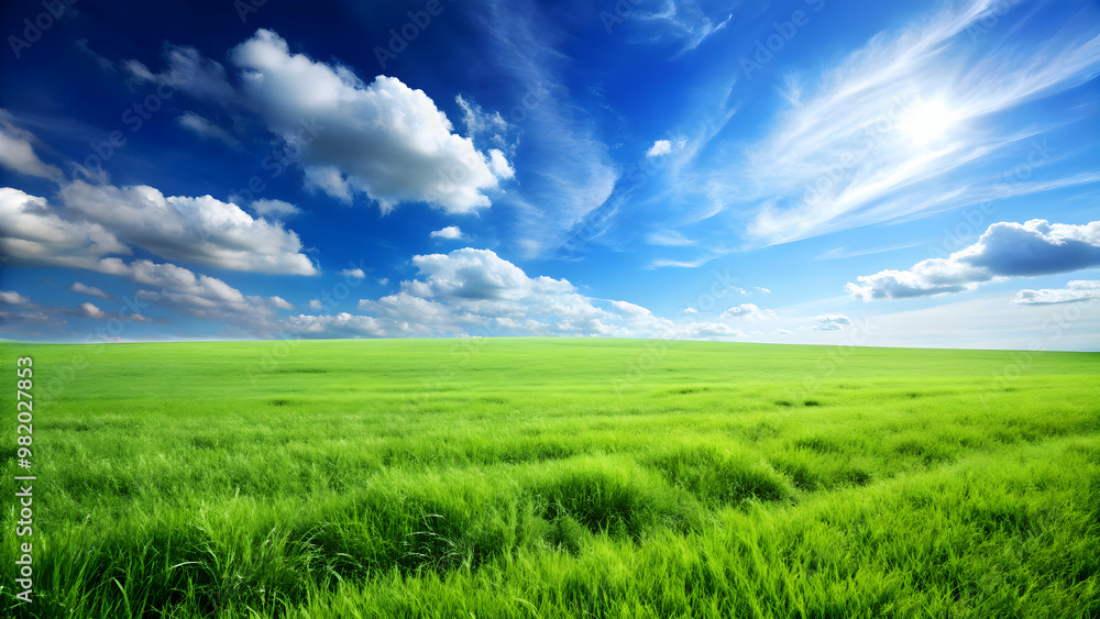 Lush green grass field under a clear blue sky, landscape, nature, environment, outdoor, scenery, peaceful, tranquil Lush green grass field under a clear blue sky, landscape, nature, environment, outdoor, scenery, peaceful, tranquil