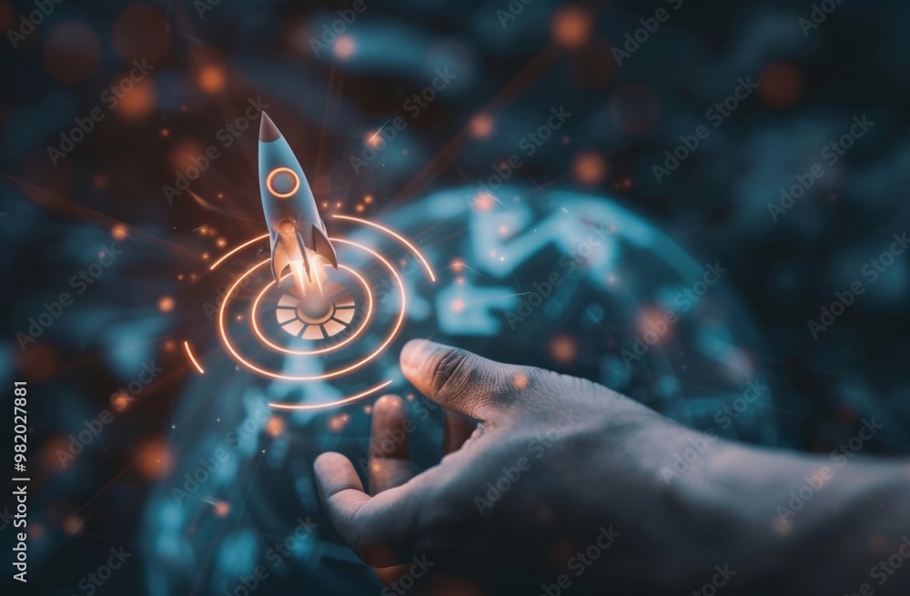 Businessman hand holding rocket icon with arrow up and target board on virtual screen for aiming Businessman hand holding rocket icon with arrow up and target board on virtual screen for aiming