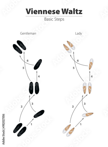 Viennese Waltz. Basic dance steps. Ballroom dance. Beautiful poster. Learn dance. Dancing school