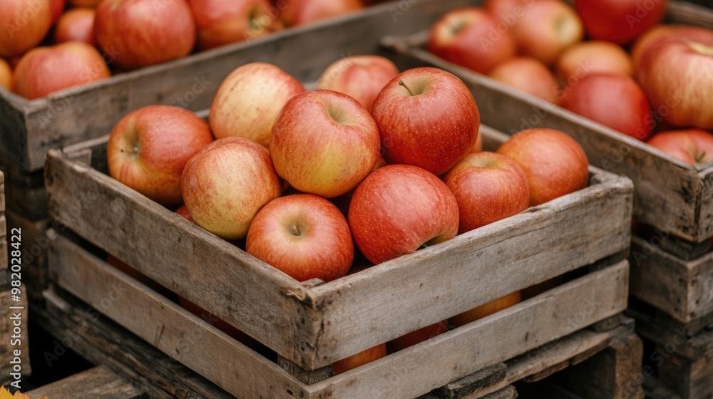 Freshly harvested apples stacked in rustic wooden crates, showcasing their vibrant colors and appealing natural shine. Freshly harvested apples stacked in rustic wooden crates, showcasing their vibrant colors and appealing natural shine.