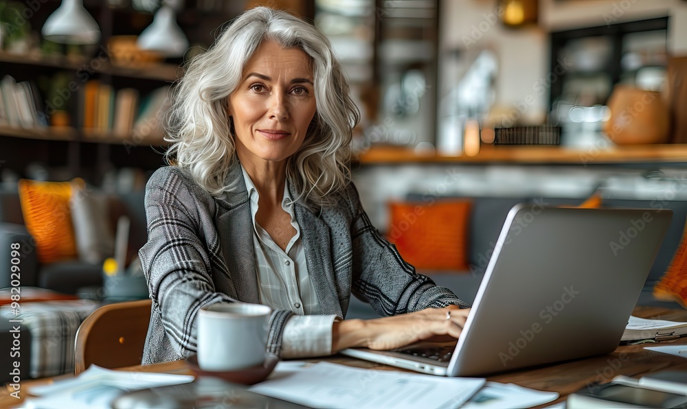 A mature woman with long, wavy gray hair sits at a wooden table, working on a laptop. A mature woman with long, wavy gray hair sits at a wooden table, working on a laptop.