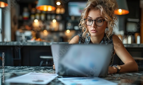 A young woman with curly blonde hair and glasses is focused on her laptop in a cozy cafe. She is sitting at a marble table with papers scattered around, creating a studious atmosphere.