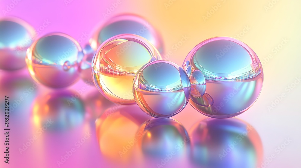 Close-up of iridescent spheres against a colorful background. Close-up of iridescent spheres against a colorful background.