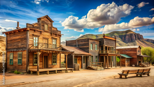 Vintage Far West town with a saloon and old wooden architecture in Wild West , Wild West, vintage, town, saloon
