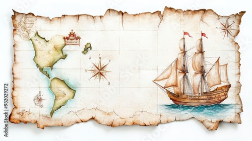 Vintage Nautical Map with Sailing Ship