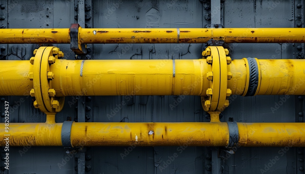 Industrial Yellow Pipes And Valves On A Gray Metal Wall