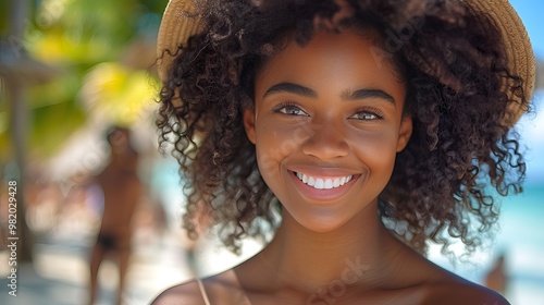 A young woman with curly hair and a wide smile, wearing a straw hat, stands on a beach with a blurred background of palm trees and people enjoying the sun.