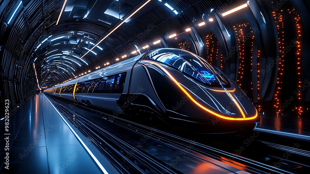 A futuristic high-speed train zips through a neon-lit tunnel, moving with incredible speed. A futuristic high-speed train zips through a neon-lit tunnel, moving with incredible speed.