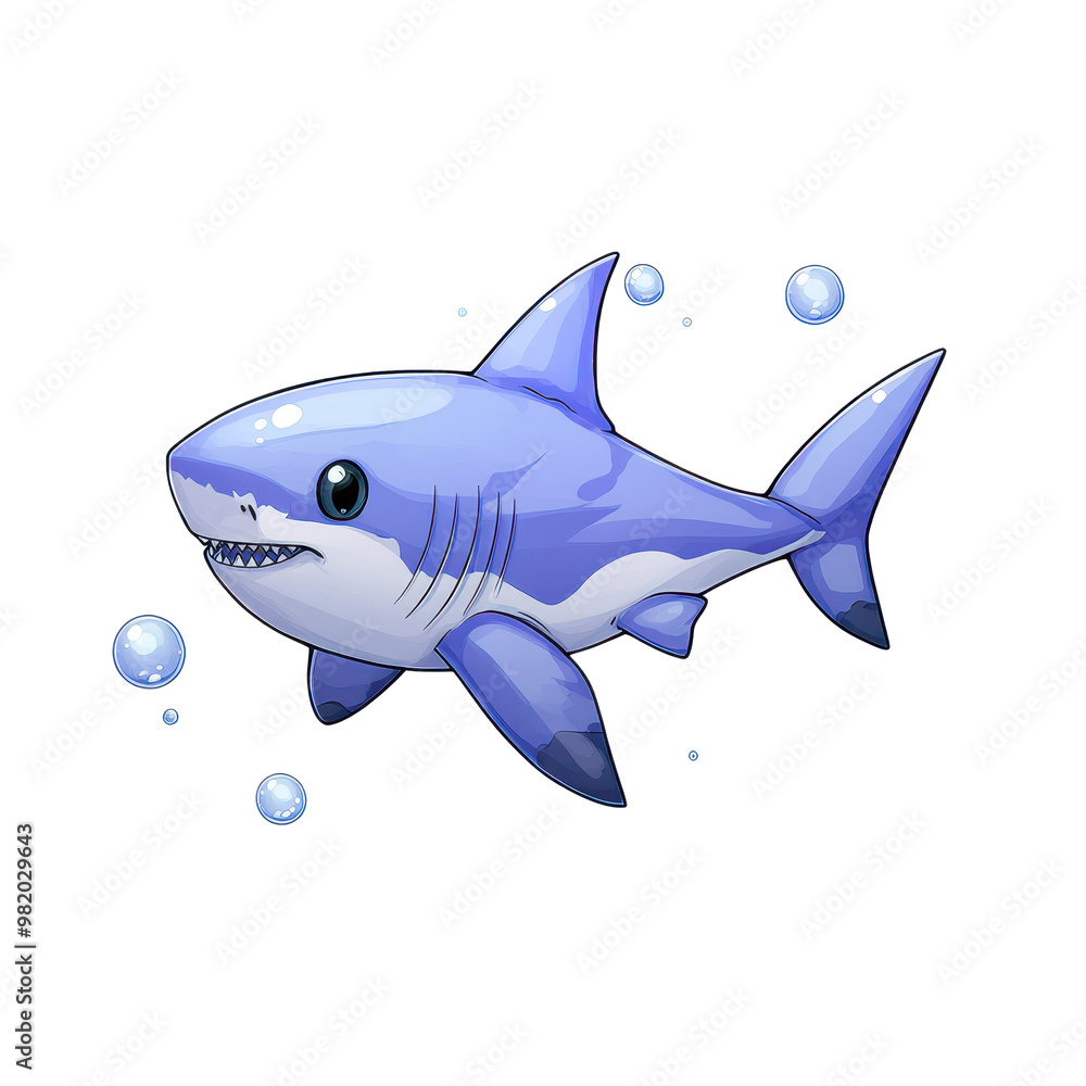 Obraz premium A cute blue cartoon shark swimming happily with bubbles around it, perfect for children's illustrations and marine-themed designs.