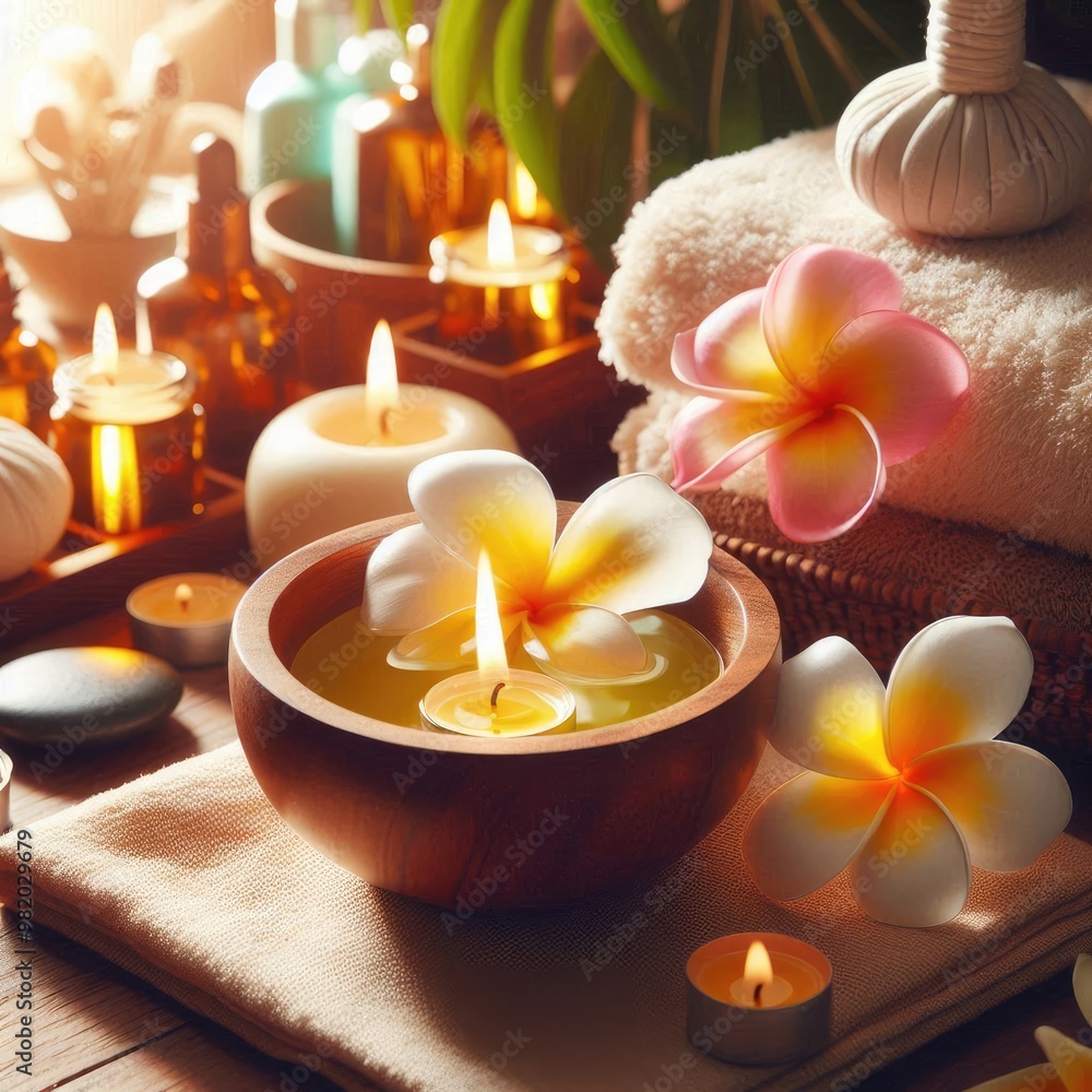 Spa supplies, burning candle and flower on table in beauty salon with Generative AI. Spa supplies, burning candle and flower on table in beauty salon with Generative AI.