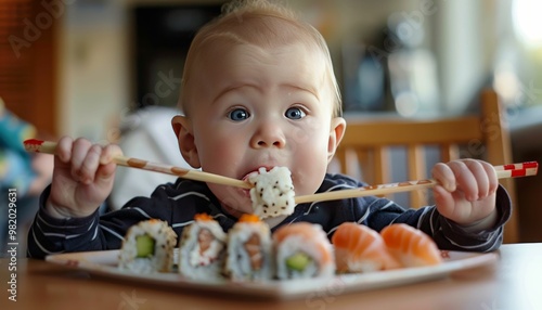 Adorable infant curiously explores sushi lunch with chopsticks photo