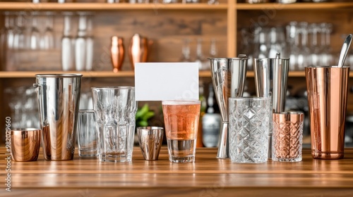 A variety of glassware and bar tools arranged on a wooden surface.