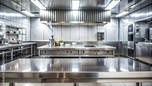 Blurred stainless steel table background with commercial kitchen for product presentation mockup, commercial