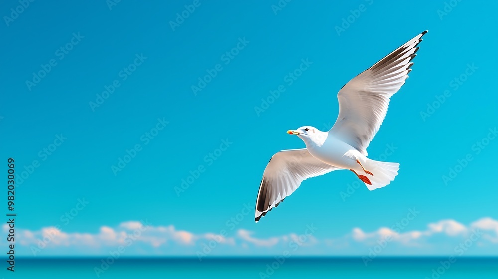 Obraz premium A seagull glides over the ocean, wings spread wide as it rides the currents of the blue sky.