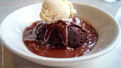 An elegant bowl of rich chocolate lava cake, molten chocolate oozing from the center and garnished with a scoop of vanilla bean ice cream. The glossy surface of the cake glistens under warm lighting,