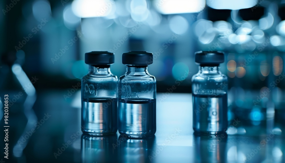 Glass vials with clear liquid on reflective surface in laboratory setting Glass vials with clear liquid on reflective surface in laboratory setting