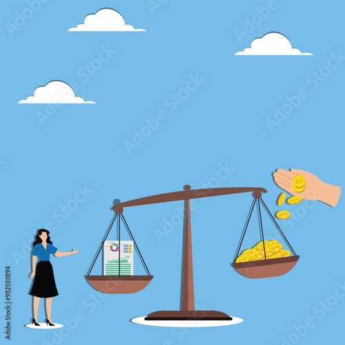 Wage or salary increase due to better work result, compensation for skill development, career growth concept, Hand putting more coins to balance employee performance chart on seesaw