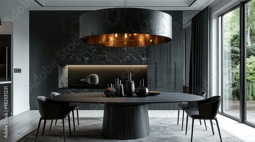 Wallpaper Mural A modern dining space with an oval black wooden table and matching black chairs. The dark tones create a bold. Generative AI. Torontodigital.ca