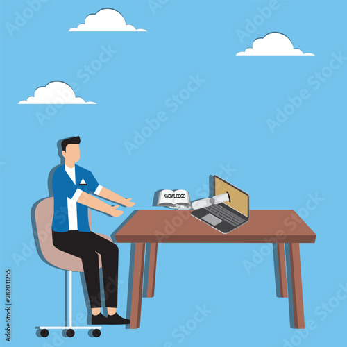 Artificial intelligence assistant, applying machine learning to work, data analysis with chatbot concept, Businessman receiving knowledge from robotic hand coming out of laptop screen