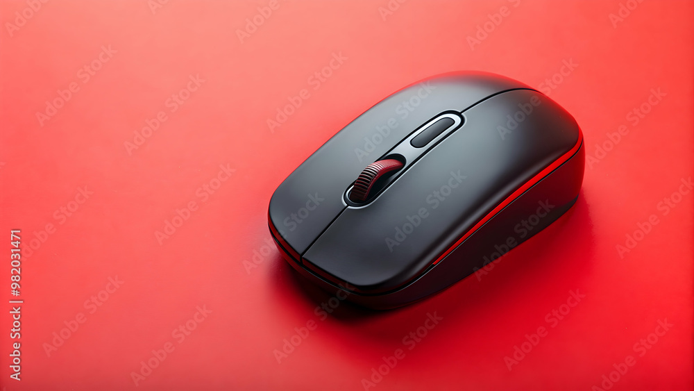 Modern black wireless mouse on a light red background, technology, computer, peripheral Modern black wireless mouse on a light red background, technology, computer, peripheral