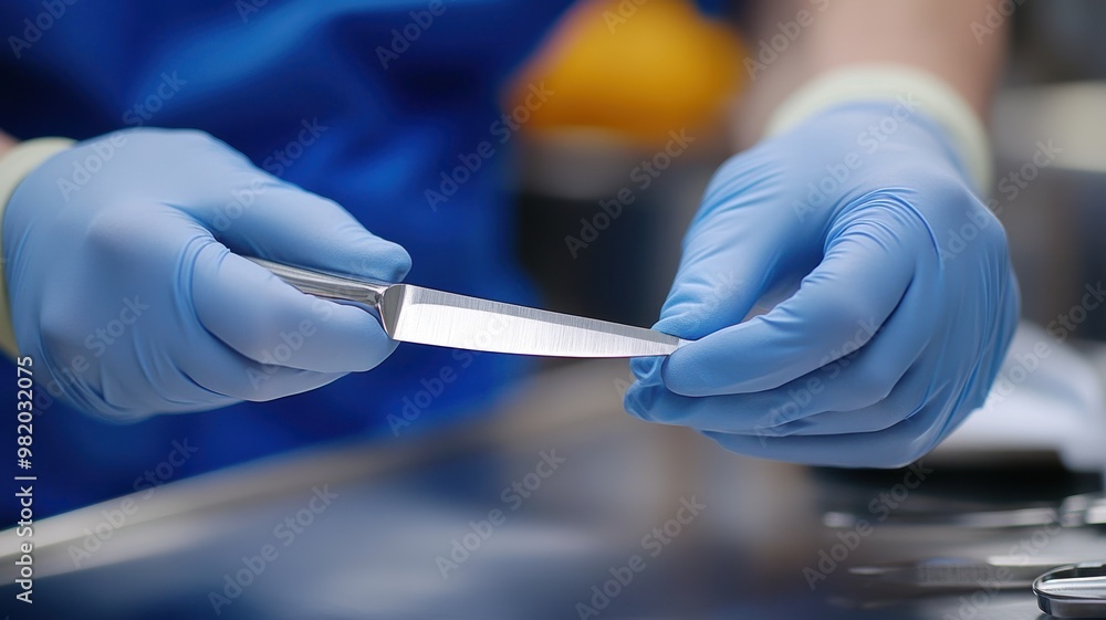 Close-up of a gloved hand holding a kitchen knife, highlighting precision and safety in culinary preparation.