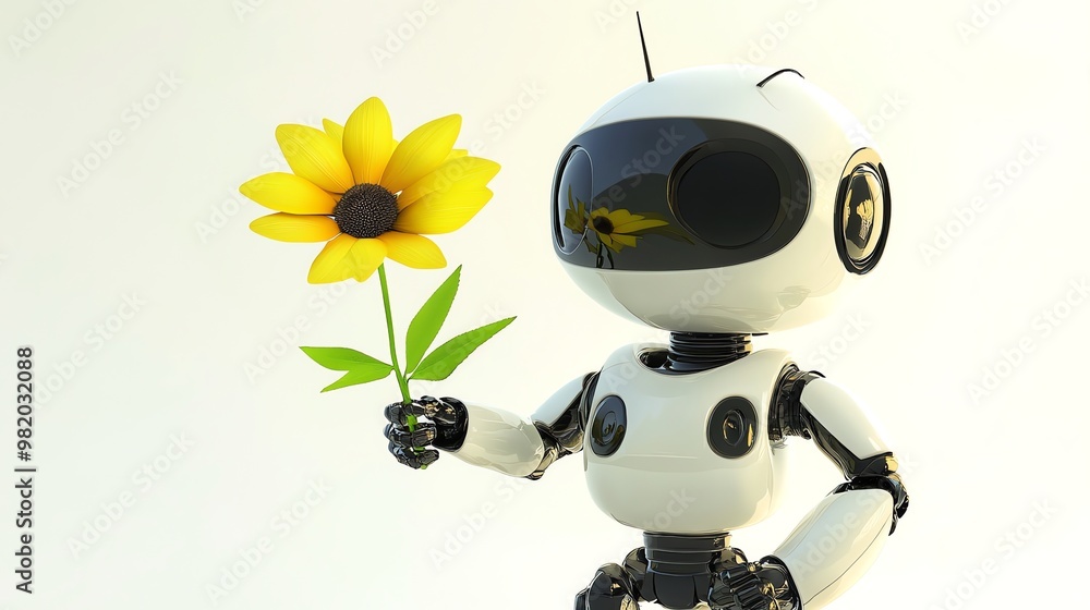 Friendly robot holding a yellow flower.