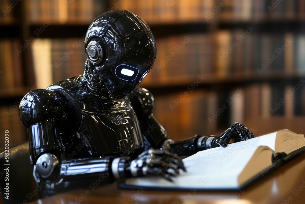 Robot studying in a library with an open book. Robot studying in a library with an open book.