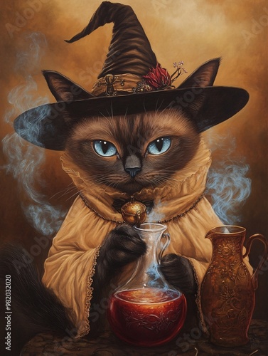 A whimsical cat in a wizard hat brews a potion, exuding magic and charm in a mystical, enchanting setting. photo