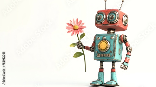 A cute robot holding a flower in its hand.