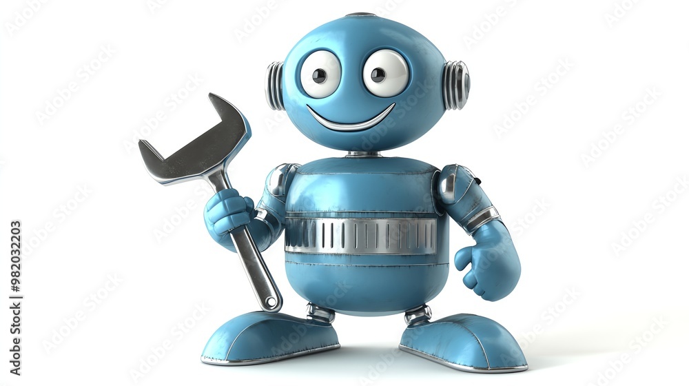 Blue robot holding a wrench, looking happy. Blue robot holding a wrench, looking happy.