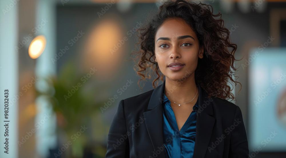 A woman of African Indian origin giving a lecture in the office, dressed in a black suit and blue silk shirt, strong. Generative AI. A woman of African Indian origin giving a lecture in the office, dressed in a black suit and blue silk shirt, strong. Generative AI.