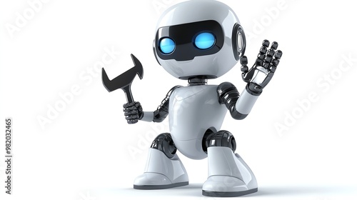 A white robot holds a wrench in one hand and waves with the other.