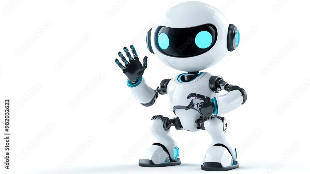 A friendly, white robot with blue eyes and accents is waving and pointing to the right. A friendly, white robot with blue eyes and accents is waving and pointing to the right.