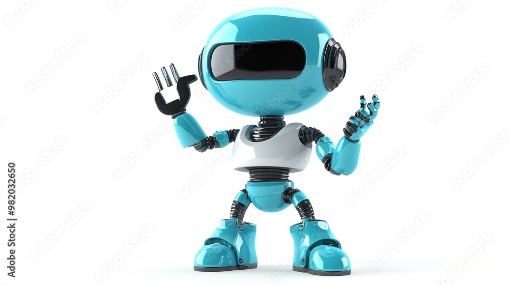 A friendly blue robot with a white torso, posing with both hands up, as if to say A friendly blue robot with a white torso, posing with both hands up, as if to say