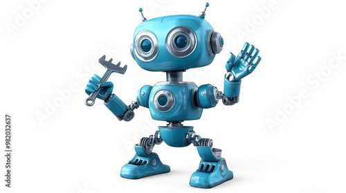 A friendly blue robot holding a wrench and waving.