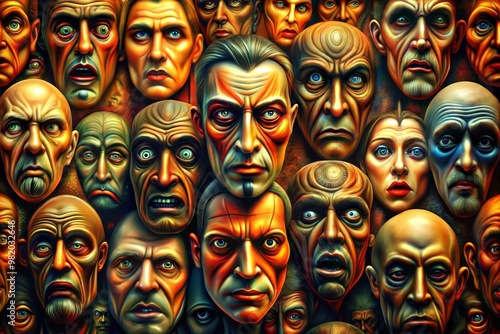 Surreal painting of intense faces with mysterious expressions