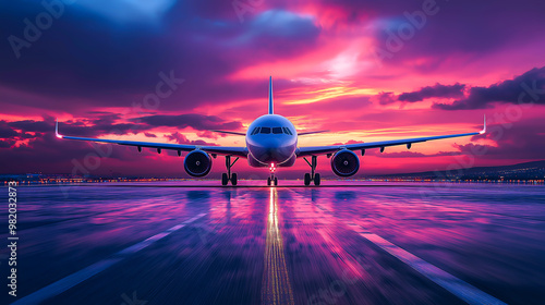 Airplane on airport runway. Airplane landing with beautiful sunset background. Landing airplane