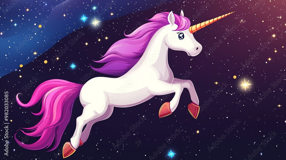A white unicorn with a pink mane and tail leaps through a starry sky. A white unicorn with a pink mane and tail leaps through a starry sky.