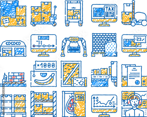 wholesale service doodle icons set vector. sketch line art sea transportation and carrying in truck, carton and wooden box, broker wholesale and logistics support color illustrationss