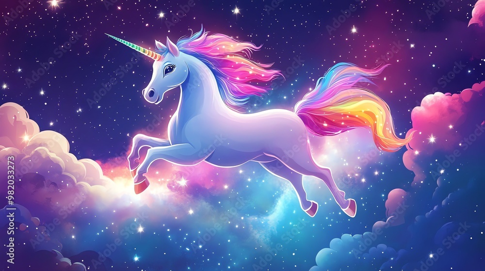 A magical unicorn with a rainbow mane and tail flies through the stars. A magical unicorn with a rainbow mane and tail flies through the stars.